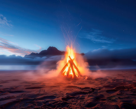 A romantic beach bonfire at sunset, with friends gathered around the warm glow Perfect for a cozy summer night getaway, filled with relaxation, storytelling, and unforgettable memories Let the crackling fire illuminate your evening and create a magical ambiance AI Generativeの素材