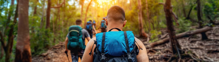 A group of backpackers strolls along a serene forest path, sunlight dappling through the trees Their laughter echoes through the tranquil woodland as they enjoy the peaceful excursion The lush greenery and the crisp air create a sense of serenity and adventure AI Generativeの素材