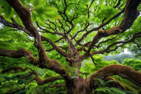 A breathtaking panorama of an ancient forest, bathed in the warm glow of golden sunlight Towering trees form a majestic canopy, their branches interwoven in a symphony of nature&#39;s artistry Sunlight filters through the leaves, casting dappled patterns on the forest floor A timeless scene of serenity and wonder AI Generativeの素材