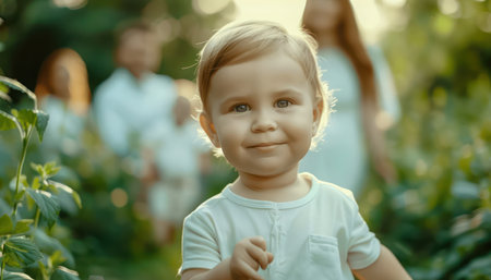 A happy family, radiating joy, explores a serene nature reserve on a peaceful summer vacation Dad points out a bird, mom smiles warmly, and their children excitedly point at something in the distance The lush greenery and vibrant blue sky create a picturesque backdrop for their outdoor adventure AI Generativeの素材