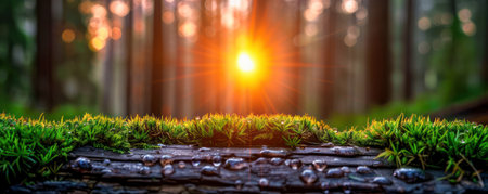 A tranquil forest path bathed in golden sunlight, where lush moss carpets the ground The cool, serene atmosphere invites nature lovers and photographers to find peace and capture the beauty of the woodland AI Generativeの素材