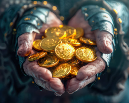 A medieval knight&#39;s dream comes true as he unearths a hidden treasure trove of gleaming gold coins Discover the secrets of the past and the wealth of kings in this captivating photo of ancient riches Experience the thrill of discovery and the allure of medieval gold AI Generativeの素材