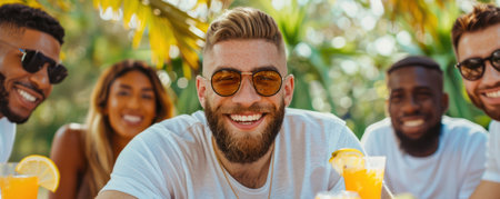 A vibrant group of diverse friends bask in the summer sun, enjoying a leisurely picnic in a lush park Laughter fills the air as they share delicious food and refreshing drinks, creating warm memories on a beautiful day AI Generativeの素材