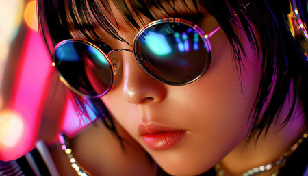 A captivating rockstar commands the stage, radiating confidence and talent Her dazzling outfit and sunglasses, reflecting the stage lights, create a mesmerizing aura This striking portrait captures the essence of rock and roll style, embodying power and mystique AI Generativeの素材