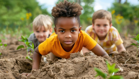 A group of children embark on a thrilling summer scavenger hunt adventure Filled with excitement and laughter, they explore the outdoors, uncovering hidden clues and creating lasting memories This engaging activity is perfect for families seeking fun, outdoor entertainment AI Generativeの素材