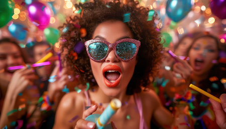 Friends raise their glasses, faces lit by the glow of party horns and confetti, as they celebrate the New Year with joyous laughter and shared memories Balloons dance in the air, adding to the festive atmosphere A perfect capture of New Year&#39;s Eve revelry and friendship AI Generativeの素材