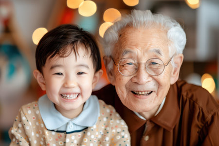 A multigenerational family celebrates New Year&#39;s Eve with a joyful dinner A loving grandparent and grandchild share a festive meal, radiating warmth and connection as they toast to the new year Laughter, traditions, and cherished memories fill the air, creating a heartwarming image of family togetherness AI Generativeの素材