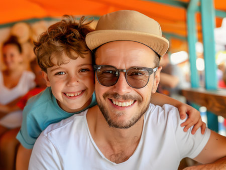 A joyous family captures the essence of summer fun at the fair Laughter rings through the air as they navigate games, rides, and tasty treats Parents and kids create lasting memories amidst vibrant colors and joyous sounds, a perfect picture of summer vacation bliss AI Generativeの素材