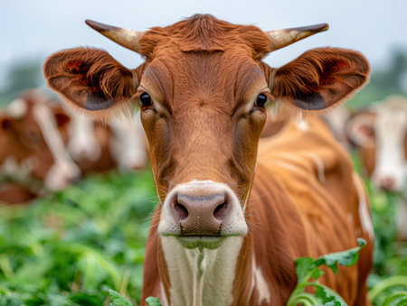 A tranquil scene of contentment unfolds as peaceful cows graze amidst a vibrant vegetable garden Lush greenery surrounds the gentle giants as they savor the fresh, nutritious bounty The idyllic setting exudes serenity, capturing the essence of farm life and the harmonious relationship between humans and animals AI Generativeの素材