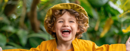 A vibrant and joyful child, adorned in a sunny yellow costume and a playful hat, revels in the beauty of nature Their laughter echoes through the lush garden as they engage in carefree play, capturing the essence of childhood wonder and the magic of the outdoors This heartwarming image evokes AI Generativeの素材