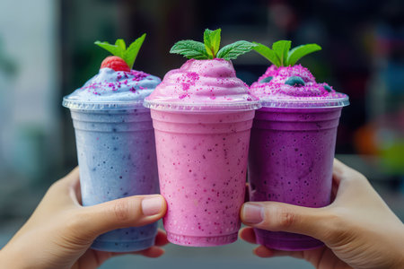 A vibrant street vendor on Yaowarat Road in Bangkok, Thailand, prepares refreshing fruit smoothies Brightly colored fruits, like mangoes, strawberries, and pineapples, are blended into delicious and cooling beverages, perfect for a hot day The scene captures the bustling energy of Bangkok's Chinatown and the local flavors of Thai cuisine AI Generativeの素材