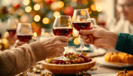 A heartwarming Thanksgiving scene unfolds as a happy family, gathered around a festively decorated table, raises their glasses in a celebratory toast Laughter and joy fill the air as they express gratitude for their love and togetherness The warmth of the moment is palpable, reflecting the essence of Thanksgiving AI Generativeの素材