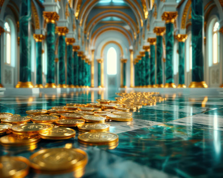 A breathtaking 3D render of a grand palace hall, dripping with opulent wealth Walls gleam with gold coins and precious gems, reflecting the shimmering light of countless chandeliers This image evokes luxury, royalty, and a fantastical realm of riches AI Generativeの素材