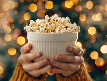 This festive DIY craft project captures the essence of a nostalgic Christmas with popcorn garlands The photo showcases the process of stringing popcorn onto a thread, creating a classic, homemade decoration The garland adds a touch of rustic charm to your Christmas tree, evoking memories of cherished holiday traditions AI Generativeの素材