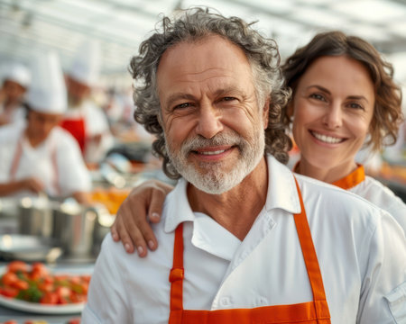 A romantic couple embraces the Italian summer, laughing and learning in a vibrant cooking class They bond over fresh ingredients, shared laughter, and the tantalizing aromas of traditional dishes This vacation adventure captures the joy of culinary exploration and the romance of shared experiences AI Generativeの素材