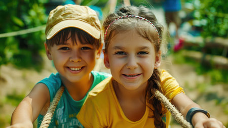 A group of adorable children engage in a playful tug-of-war competition, their faces full of concentration and excitement  The classic outdoor game provides a summer full of fun and friendly rivalry, as the kids enjoy the thrill of the competition AI Generativeの素材