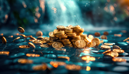 A majestic waterfall cascades over a hidden treasure, glittering gold coins peeking from the mossy rocks This breathtaking scene evokes tales of ancient civilizations and lost riches, inviting you to imagine the mystery and adventure that await AI Generativeの素材