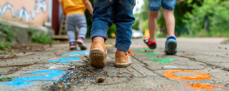 Children laugh and leap through a vibrant hopscotch grid painted on a sun-drenched sidewalk  A timeless summer pastime, hopscotch offers joyful exercise, coordination, and social fun  Embrace the warmth, fresh air, and the simple joy of childhood play AI Generativeの素材