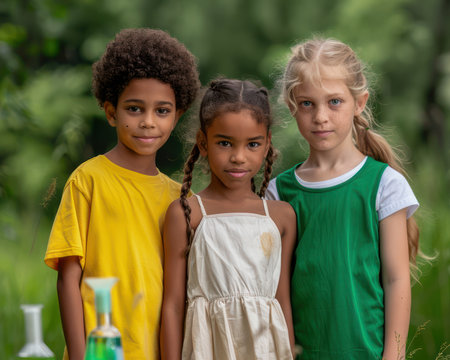 Capture the excitement of kids conducting fun science experiments outdoors during summer! Show children engaged in hands-on learning through play, exploring nature, and conducting STEM activities  Highlight the joy of discovery and learning through outdoor exploration and engaging science projects AI Generativeの素材