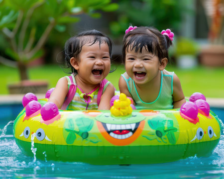 A joyous summer scene unfolds as children splash and play in a backyard pool Sunlight bathes the water, creating a shimmering paradise Laughter fills the air as families create lasting vacation memories in the idyllic setting This image captures the pure joy of childhood and the perfect escape for a AI Generativeの素材