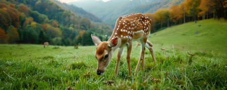 A serene autumn scene unfolds on a gentle hillside, bathed in golden sunlight Grazing deer stand amidst vibrant foliage, their silhouettes stark against the soft blue sky Peaceful tranquility pervades the landscape, inviting viewers to escape into nature&#39;s beauty AI Generativeの素材
