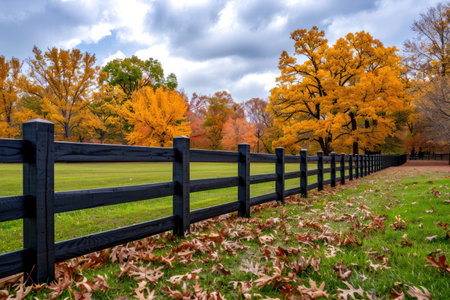 A weathered wooden fence stands sentinel against a breathtaking autumn landscape Vibrant hues of crimson, gold, and amber paint the trees, creating a stunning backdrop The rustic fence adds a touch of nostalgia to this picturesque scene, capturing the essence of fall&#39;s beauty AI Generativeの素材