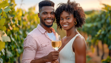 A romantic couple enjoys a summer wine tasting tour in a picturesque vineyard They sip delicious wines, surrounded by lush greenery and breathtaking views This idyllic scene captures the essence of a perfect getaway for two AI Generativeの素材