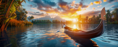A romantic gondola ride glides through the canals of Venice at sunset A couple, hand-in-hand, enjoys the breathtaking views and golden hour light, creating an idyllic summer vacation memory The gondola&#39;s gentle sway and the city&#39;s charm make for an unforgettable experience AI Generativeの素材