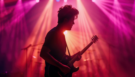 A captivating silhouette of a rock guitarist performing on stage, bathed in vibrant stage lights This powerful image captures the raw energy of a live concert, with the musician's form outlined against the dazzling background Ideal for music-related projects, showcasing the passion and excitement of rock music AI Generativeの素材