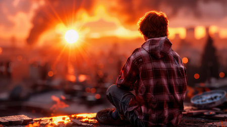 A lone figure silhouetted against a fiery sunset, contemplates amidst the chaos The rugged landscape reflects the inner turmoil, yet a sense of tranquility emerges in the quiet moment of introspection The contrast of fire and shadow evokes a powerful sense of solitude and resilience AI Generativeの素材