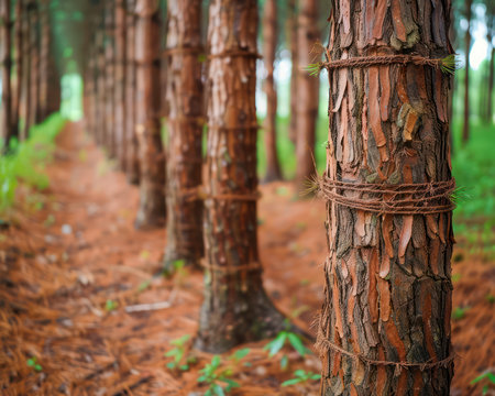 A timeless grove of ancient trees stands sentinel against the changing seasons Golden sunlight filters through rustling leaves, casting dappled shadows on the moss-covered forest floor Tranquility reigns as nature's symphony plays in the gentle breeze, offering a serene escape into the embrace of the wilderness AI Generativeの素材