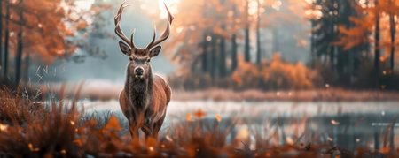 A serene autumn hillside bathed in golden sunlight, where graceful deer graze amidst vibrant foliage The tranquil scene evokes a sense of peace and serenity, captured in stunning detail The interplay of warm hues and gentle light creates a breathtaking natural masterpiece AI Generativeの素材