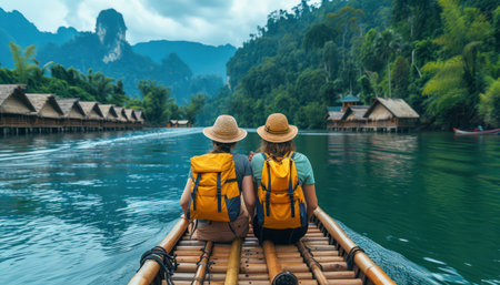 A romantic couple, hand in hand, glides down a serene river, their faces bathed in the golden glow of the setting sun The breathtaking scenery unfolds before them, painting a picture of idyllic tranquility Their shared gaze speaks volumes of the deep connection they share, making this voyage a truly AI Generativeの素材