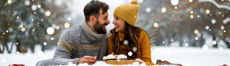 A romantic winter picnic unfolds in a snowy landscape A couple, bundled in cozy blankets, shares a warm drink and intimate moments amidst the white wonderland Perfect for holiday inspiration, the photo captures the essence of love and warmth during the winter season AI Generativeの素材