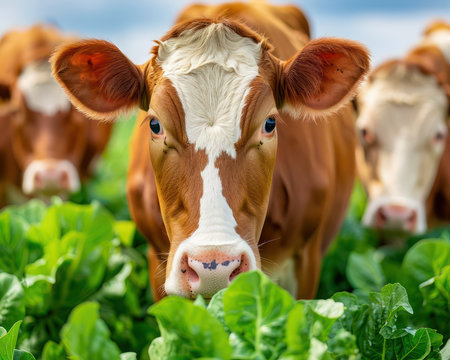 A serene farm scene unfolds, where contented cows graze amidst a vibrant vegetable garden Lush greenery surrounds them as they indulge in fresh produce, basking in the warm sunshine The idyllic setting exudes tranquility and the simple pleasures of farm life AI Generativeの素材