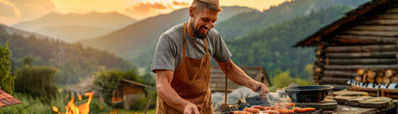 A vibrant summer scene unfolds with friends and family gathered around a sizzling BBQ in a picturesque backyard Laughter fills the air as they enjoy the warmth of the sun and the delicious aromas of grilling delights The stunning mountain backdrop adds to the idyllic atmosphere of this perfect summer AI Generativeの素材