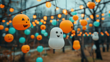 Haunting and ethereal, ghostly figures float amidst glowing trees, creating a spooky yet festive atmosphere perfect for Halloween This enchanting scene captures the essence of the season with its eerie beauty, decorative ghosts, and festive lights AI Generativeの素材