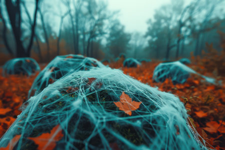 A spooky Halloween scene with spider webs draped over bushes and trees in a foggy forest The eerie atmosphere is perfect for creating a haunted ambiance in your yard or at a Halloween party The white webs against the dark background create a chilling visual effect AI Generativeの素材