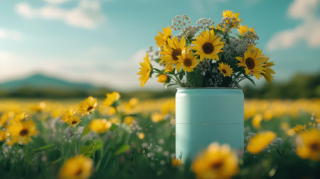 A vibrant close-up captures the radiant beauty of sunflowers in a sun-drenched summer field Golden petals unfurl towards a clear blue sky, showcasing nature&#39;s brilliance The image exudes warmth, joy, and the abundance of summer AI Generativeの素材