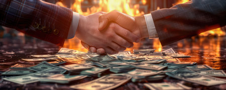 Two businessmen shake hands over a blazing pile of money, symbolizing the high stakes and inherent risk of financial deals and asset accumulation The image captures the tension between ambition and uncertainty, highlighting the potential for both immense reward and devastating loss AI Generativeの素材
