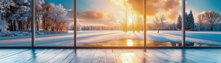 Capture the serenity of winter with this breathtaking photo A frozen river winds through a snowy landscape, bathed in the golden glow of a sunset Festive touches add a touch of holiday cheer, making this the perfect addition to your home decor AI Generativeの素材