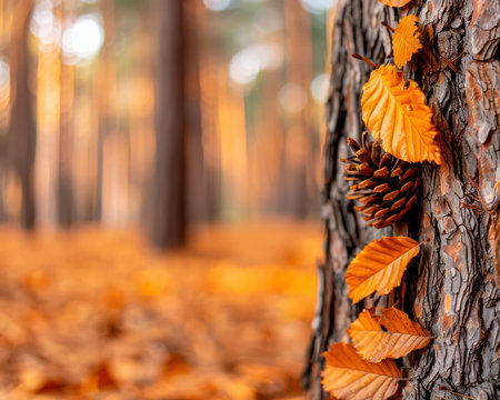 A breathtaking fall vista unfolds, showcasing a vibrant autumn forest bathed in golden sunlight Leaves in shades of crimson, amber, and gold cascade down towering trees, while pine cones litter the forest floor Sunlight filters through the canopy, creating a dappled pattern on the ground, inviting the viewer to explore AI Generativeの素材