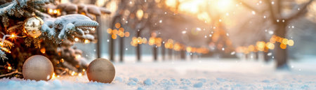 A magical winter wonderland awaits! A snowy park transforms into a festive haven with twinkling lights adorning trees and festive decorations Capture the spirit of the season with this captivating image of winter beauty and holiday cheer AI Generativeの素材