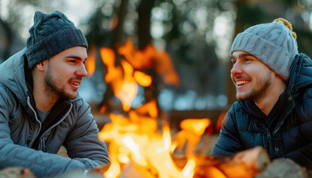 Two friends huddle close around a crackling bonfire, their laughter mingling with the sound of crackling wood Warmth radiates from the flames, illuminating their faces as they share stories and holiday cheer Perfect for winter gatherings, this image captures the joy and intimacy of a cozy winter night AI Generativeの素材