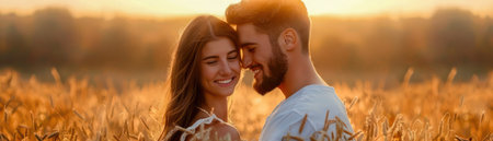 A golden summer field sets the scene for a romantic picnic The couple, bathed in the warm glow of sunset, share intimate moments, their love story unfolding in the beauty of nature Laughter, whispers, and shared glances paint a picture of pure happiness and togetherness AI Generativeの素材