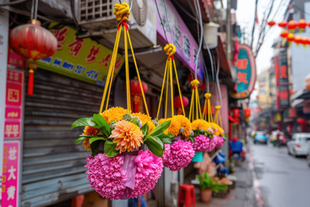 A vibrant tapestry of colorful flower garlands adorns the bustling Yaowarat Road in Bangkok, Thailand These decorative offerings, a tradition for Chinese New Year celebrations, bring good fortune and prosperity to the street and its residents The vibrant hues and delicate blooms create a festive and enchanting atmosphere AI Generativeの素材
