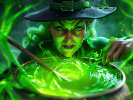 A classic witch&#39;s cauldron, bubbling with a green potion, is the perfect Halloween decoration Its spooky charm evokes magic and witchcraft, with eerie smoke and glowing eyes This mystical prop is ideal for adding a festive touch to your Halloween party, costume, or home decor AI Generativeの素材