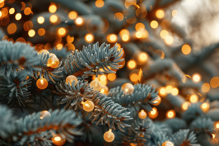 A festive scene unfolds as sparkling Christmas lights adorn bush and tree branches Warm, golden lights illuminate the landscape, casting a magical glow The outdoor decor is transformed into a winter wonderland, perfect for capturing the holiday spirit AI Generativeの素材
