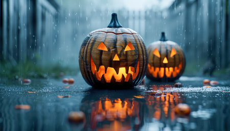 Festive Halloween decor with spooky jack-o&#39;-lanterns featuring scary faces The pumpkins are illuminated, creating a haunting atmosphere amidst the foggy rain Autumnal outdoor decorations set the stage for a thrilling Halloween celebration AI Generativeの素材