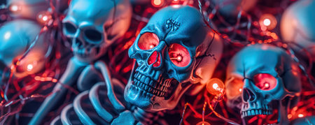 Create a spooky and festive Halloween atmosphere with this glowing skull and red string light decoration Perfect for indoor or outdoor use, the creepy yet fun design will add a touch of Halloween magic to your home Let the glowing skulls illuminate your space and create a chilling ambiance AI Generativeの素材